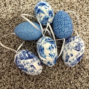 Blue & White Decorative Foam-Style Hanging Eggs - Set of 6